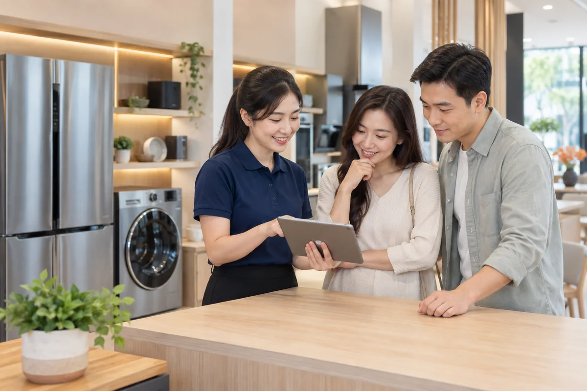 Minh hoạ tư vấn chọn mua điện máy trong không gian showroom